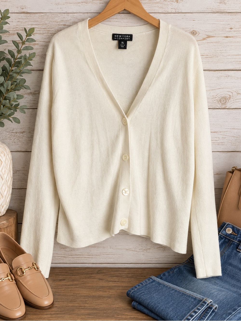 New York & Company Ivory V-Neck Button Cardigan